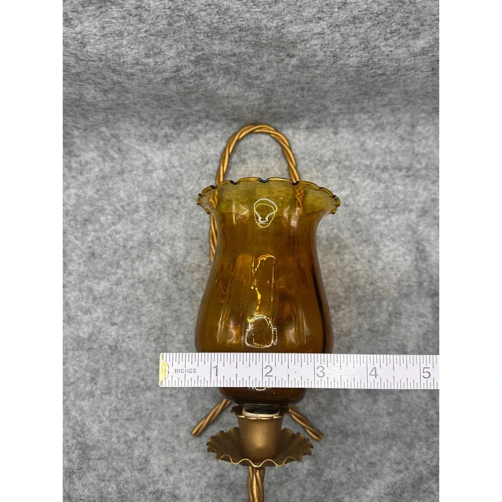 Vtg Home Interiors Gold  Metal Wall Sconce Amber Glass Hollywood Regency style